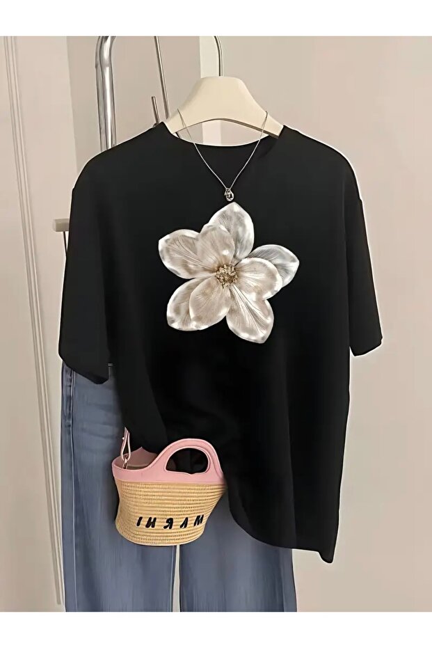 Glossy Flower Printed Oversize Crew Neck T-Shirt