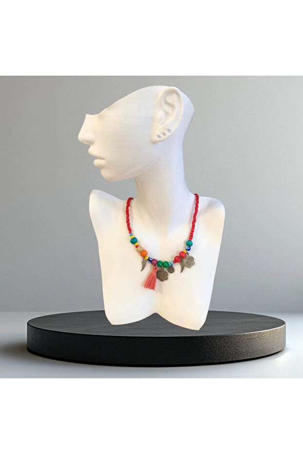 Handmade Red Necklace with Pink Tassels