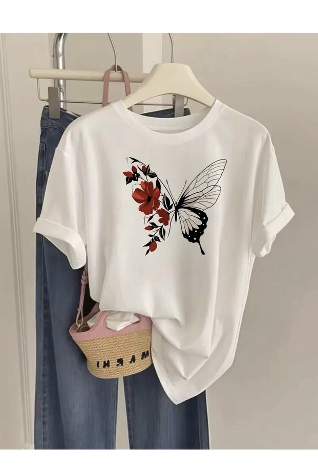 Red Flower Butterfly Printed Women's Oversize Crop Neck T-Shirt