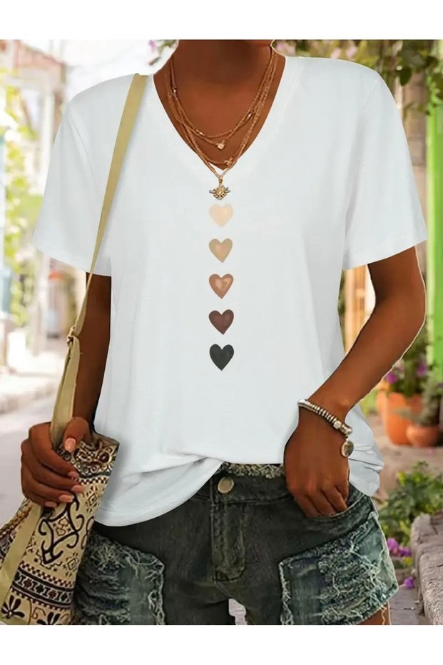 Heart Printed Women's Oversize V-Neck T-Shirt