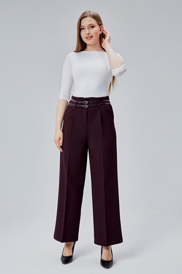 Double Belt Model High Waist Lycra Trousers with Side Pockets