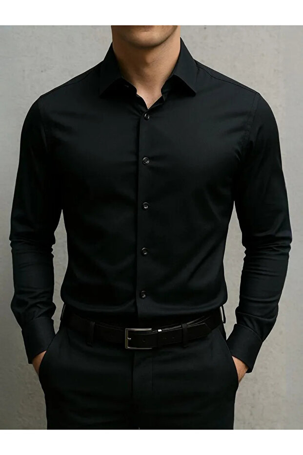 Slim Fit Long Sleeve Easy-Iron Sweat-Absorbing Breathable Texture Tie Men's Shirt