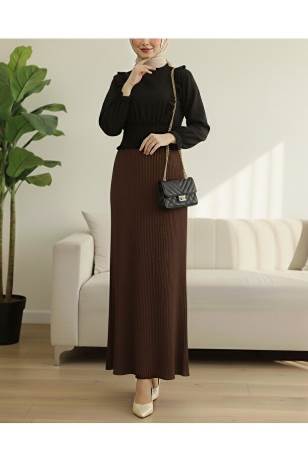 Faltenrock mit elastischem Bund - Braun - 1