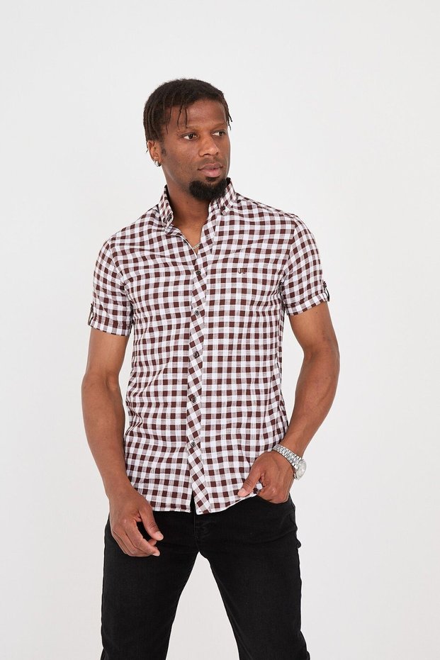 Short Sleeve Plaid 100% Cotton. Flam Linen Textured Slim Fit Men's Shirt