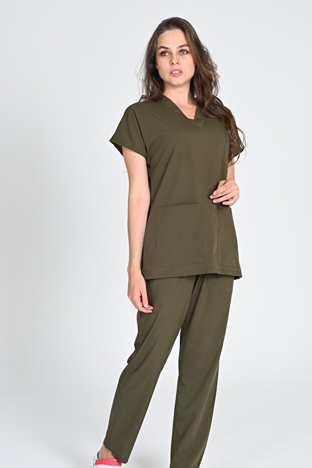 Khaki Cotton Lycra Unisex Bat Sleeve Nurse Uniform and Doctor Uniform Set Hospital Uniform
