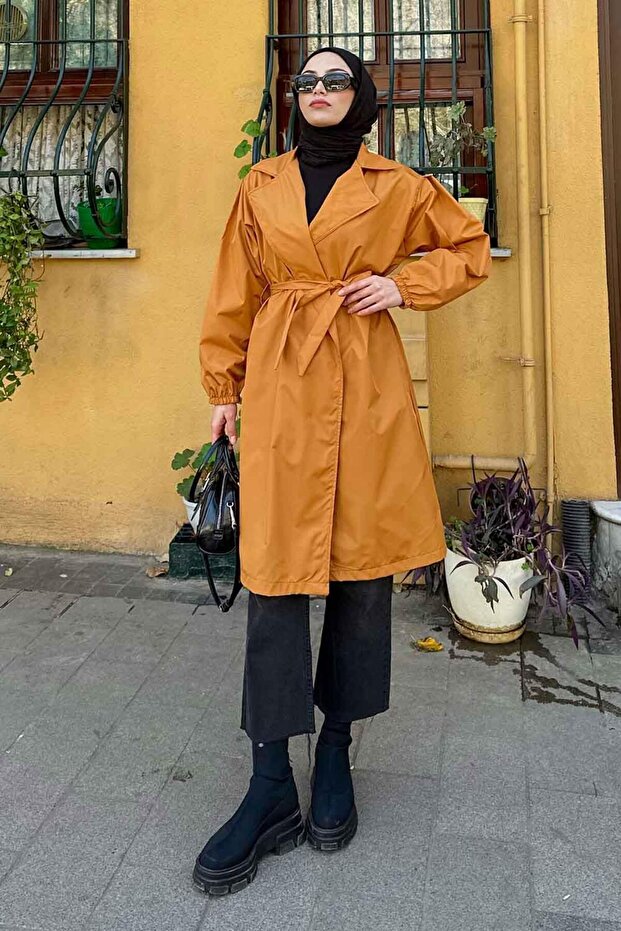 Balloon Sleeve Belted Trench Coat Mustard Yellow