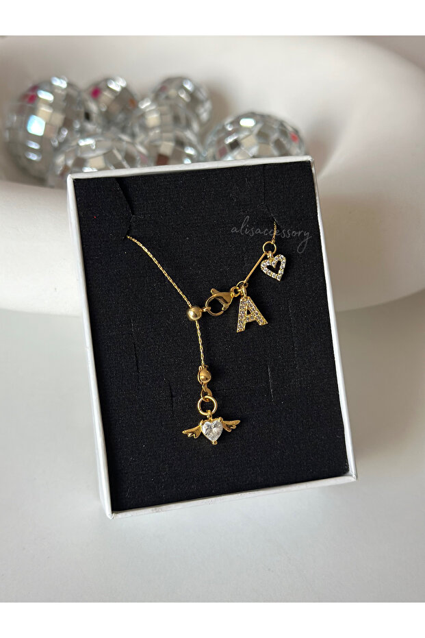 Kanatlı kalp asansör kolye harfli - 2