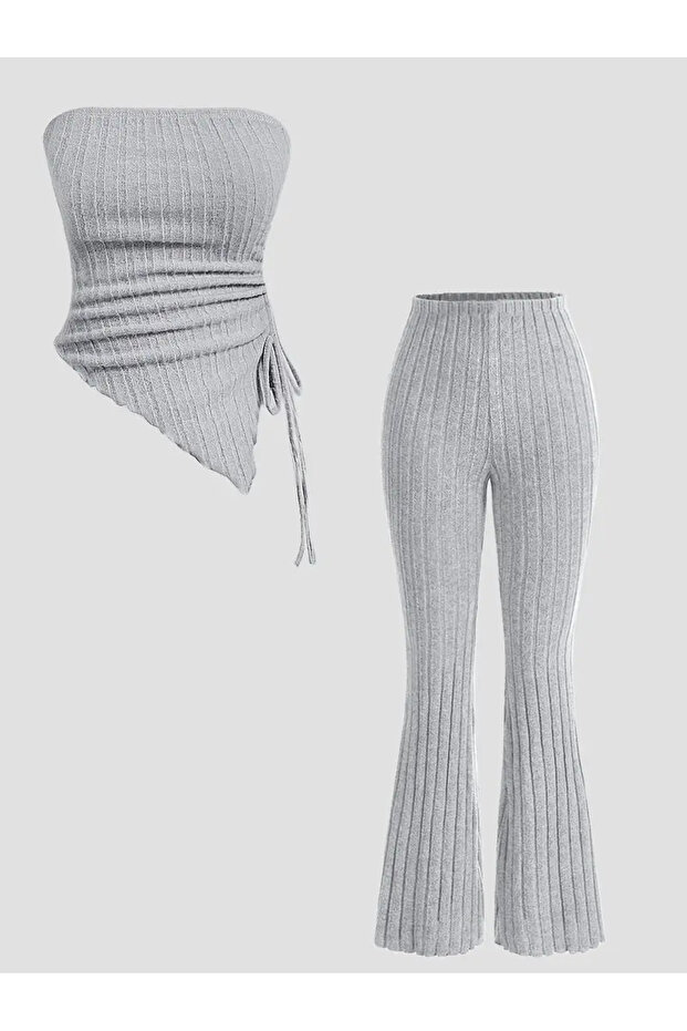 Grey Strapless Asymmetrical Lycra Side Drawstring Blouse Bottom Top Suit, Stretchy Fabric Gray Drawstring Strapless Suit - 3