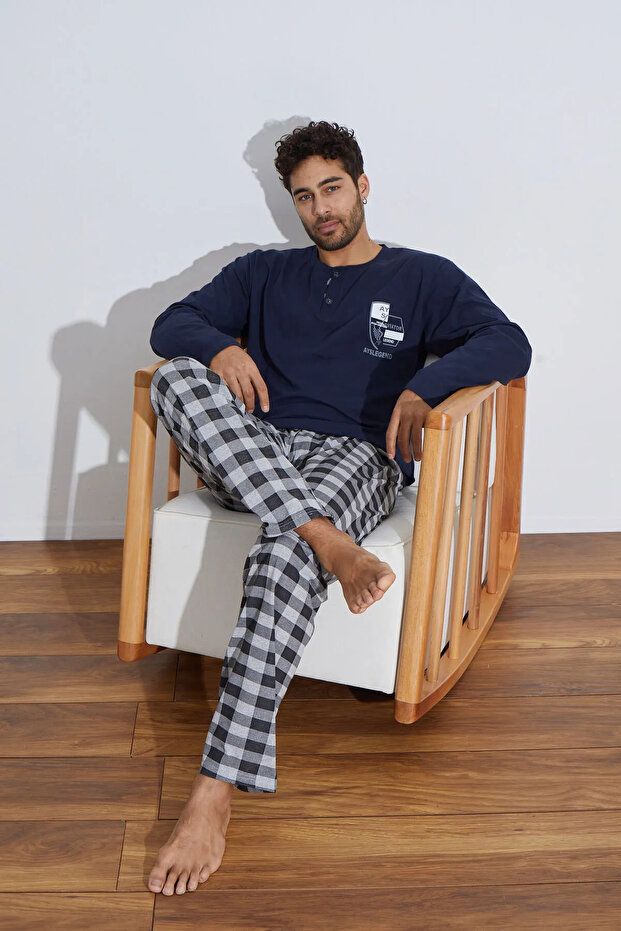 Combed Cotton Single Jersey (Thin) Checked Long Sleeve Men's Pajama Set