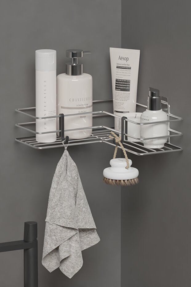 Chrome Silver Adhesive Bathroom Corner Shelf – Corner Shelf, Shower Shampoo Holder & Metal Shelf Organizer