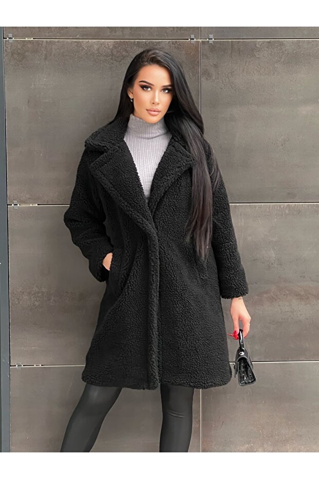 معطف قطيفة مبطن بأزرار مزدوجة وجيوب جانبية - 1