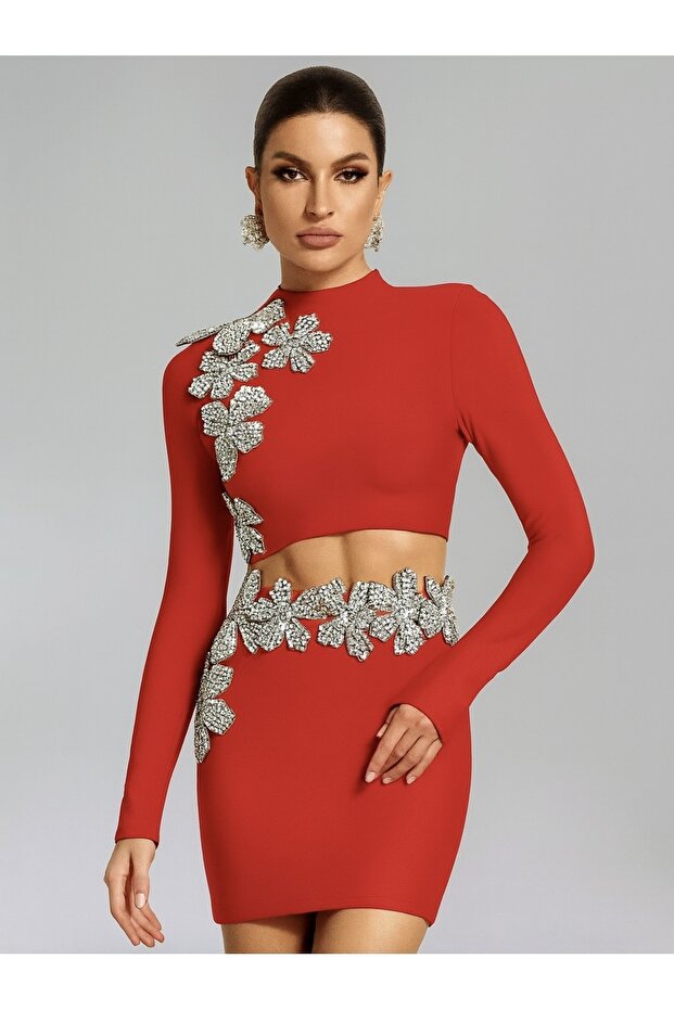 Kadın Dekolteli Parıltılı Çiçek Aplikeli Mini Abiye Takım Parti Mezuniyet After Parti Gece Elbisesi - 6