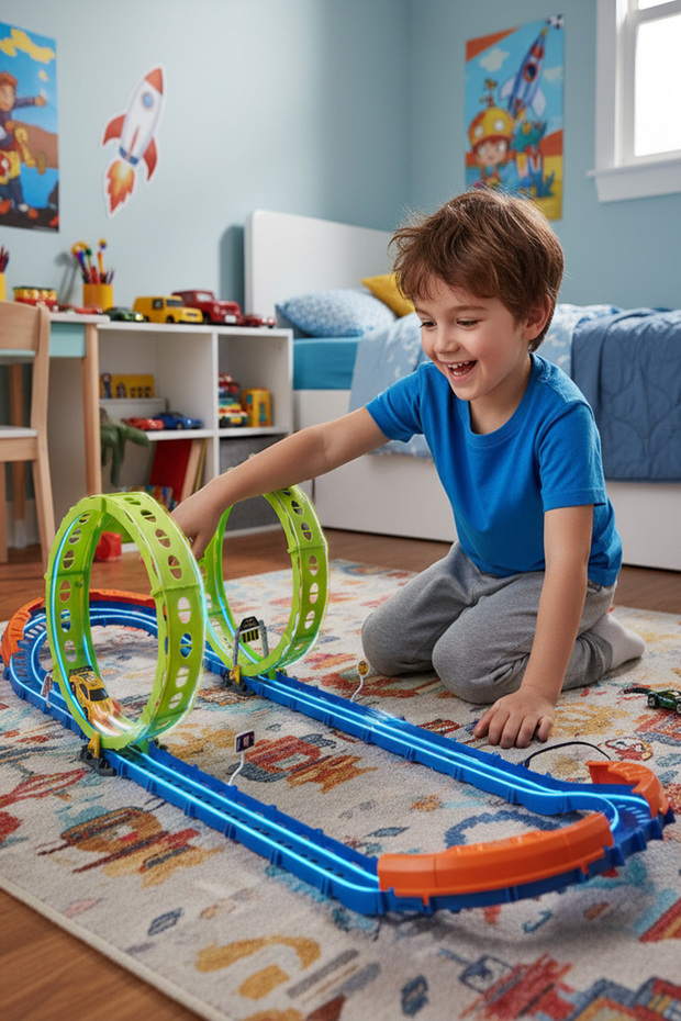 Glow Speed Track Race Track Set – 46 Pieces – Double Loop Light-Up, Fast Racing Car Play - 1