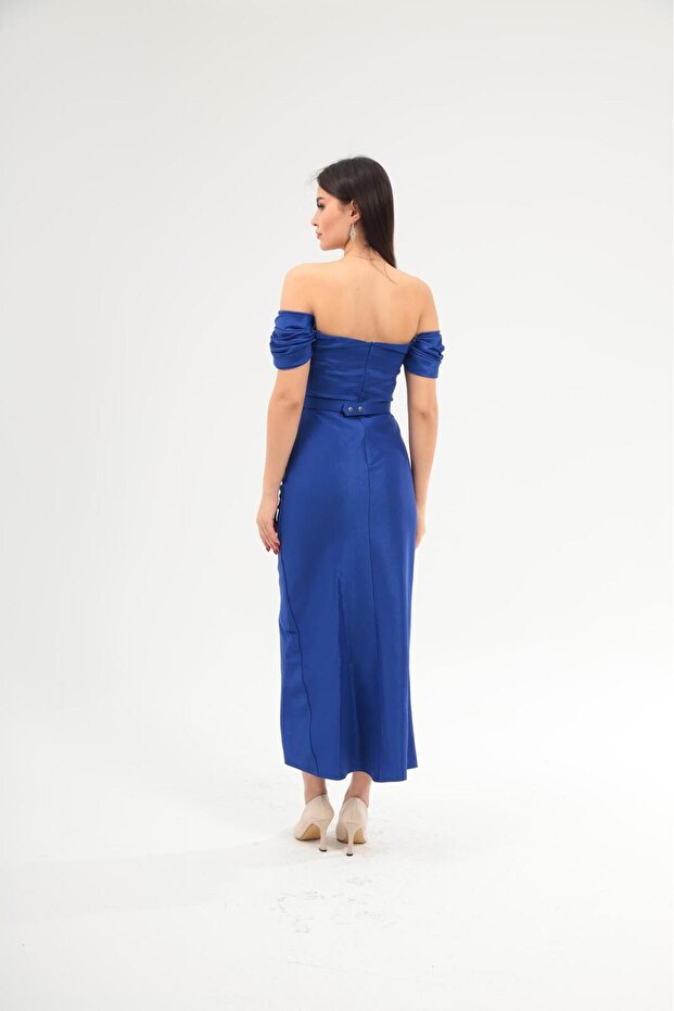 Straplez Yaka Taş İşlemeli Dekolteli Yırtmaçlı Uzun Abiye Elbise / Özel Davet Nişan Elbisesi - 5