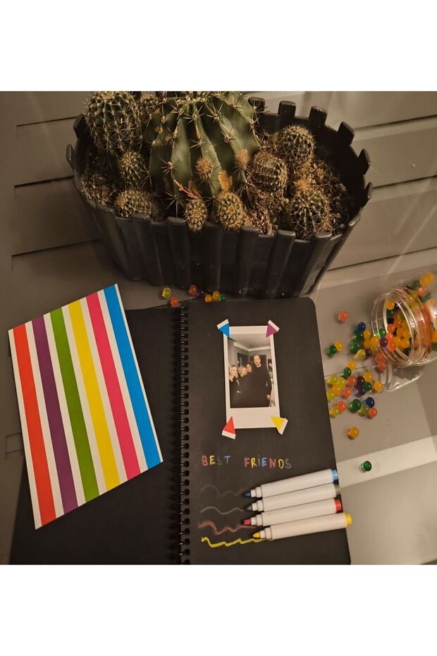 Black 50-Leaf Photo Album Memory Book with Adhesive and 4 Colored Crayons as a Gift