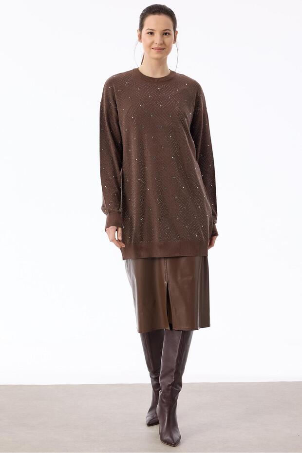 Tunic with Cage Stone Print on the Front Brown