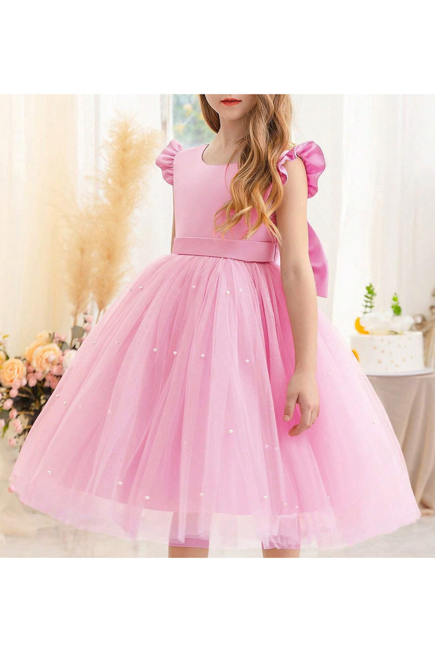Girl's Pearls Ruffle Sleeve Dress Graduation Birthday Special Occasion Evening Dress