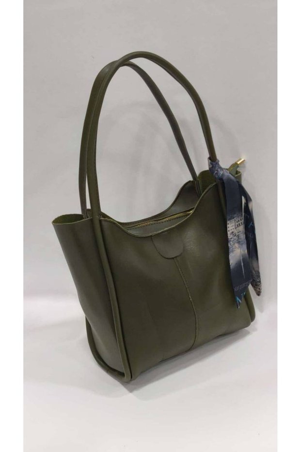 Khaki Color Large Size Soft Faux Leather Women's Shoulder Bag with Shawl Detail