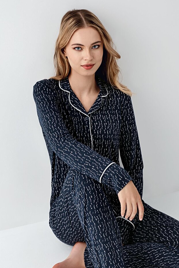 Women's Navy Blue Shirt Collar Pajama Set, Bottom Pajama with Pocket and Pattern, 50% Cotton 50% Modal