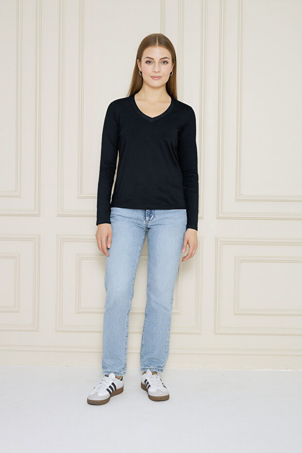 Kadın V Yaka Uzun Kol Basic Tişört - 2