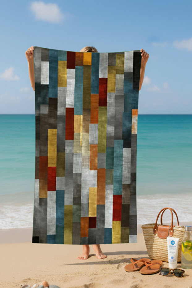 منشفة شاطئ قطنية مطبوعة بخطوط مستطيلة - تصميم منقوش - 75x150 سم - 2