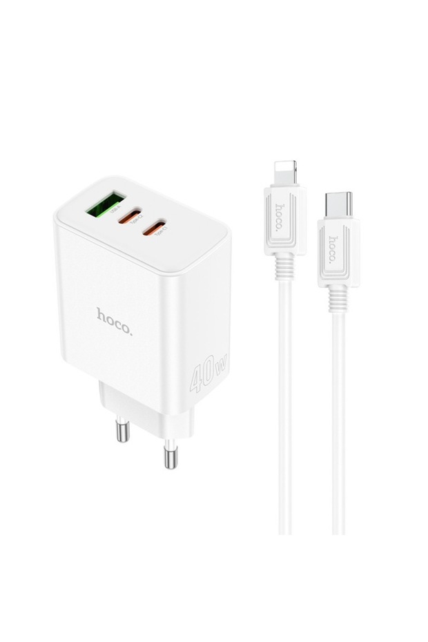 Incarcator Retea (C126A) + Cablu Lightning, 40W, 2xUSB-C, 1xUSB-A, PD, QC 3.0, White - 2