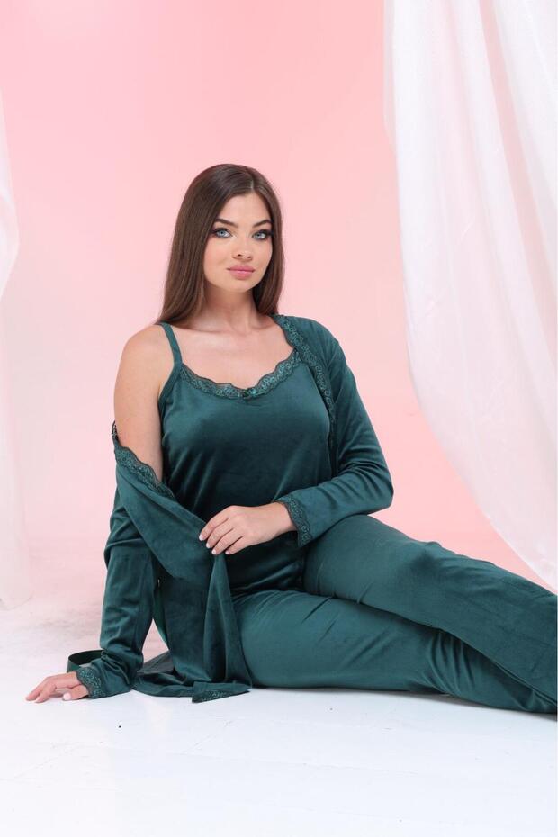 Women's 3-Piece Velvet Dressing Gown Pajama Set Dowry Set