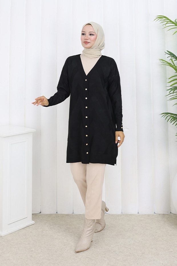 Patterned Long Mercerized Cardigan N3193 Black