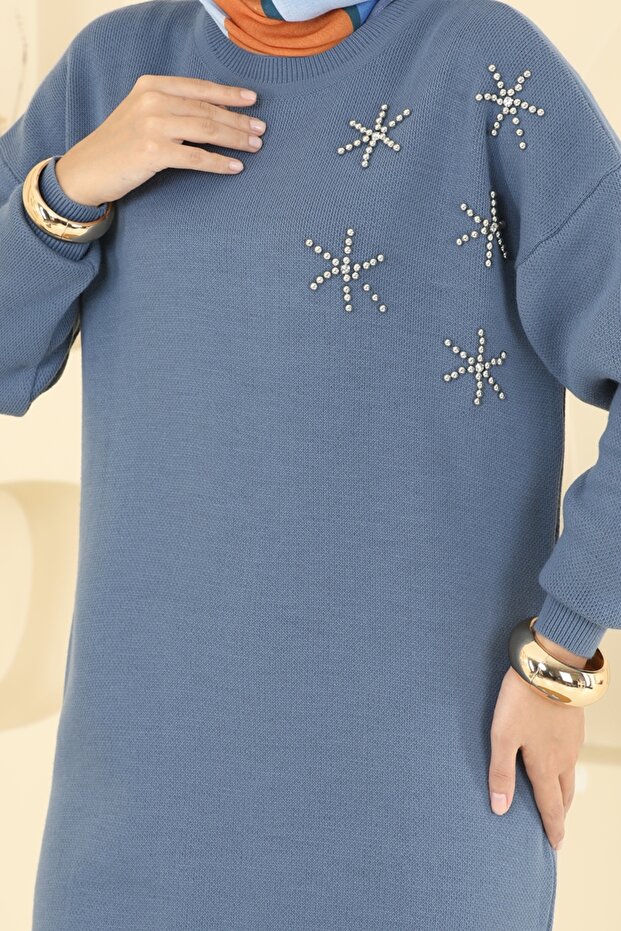 Taş Detaylı Triko Tunik 2717AYD574-MS İndigo - 4