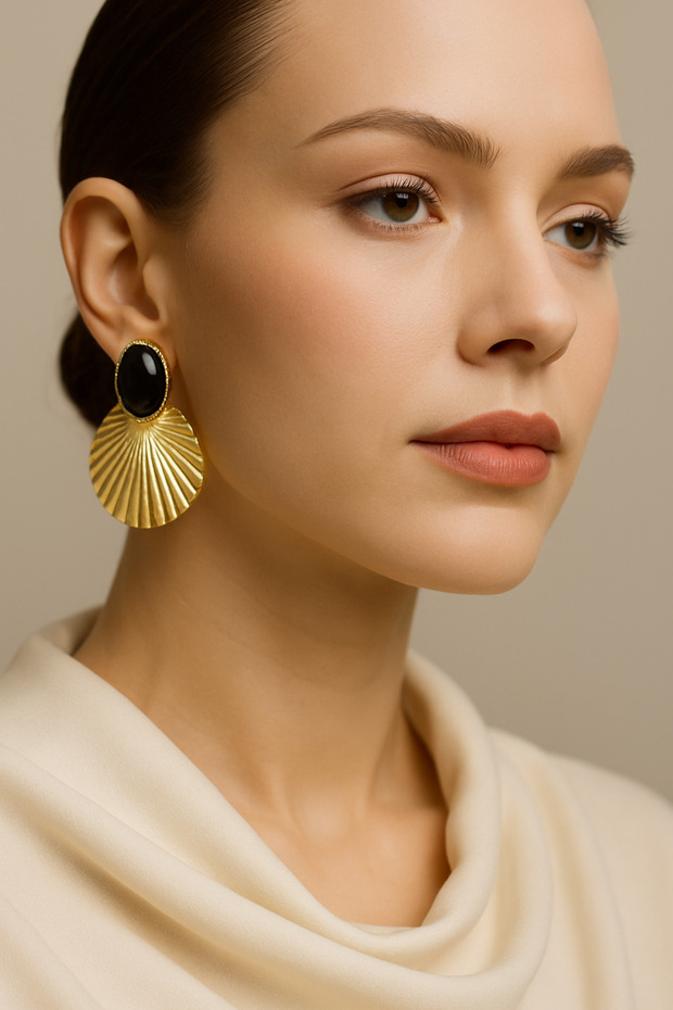 Kadın Çelik Siyah Taşlı Küpe - 1