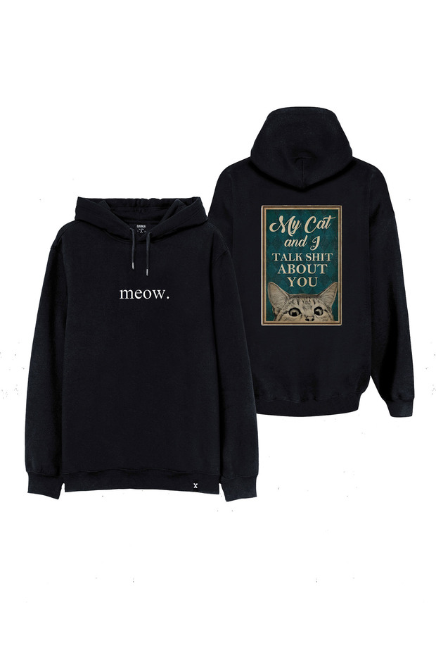 Meow Cat Printed Black Hooded Hoodie Sweatshirt Hoodie