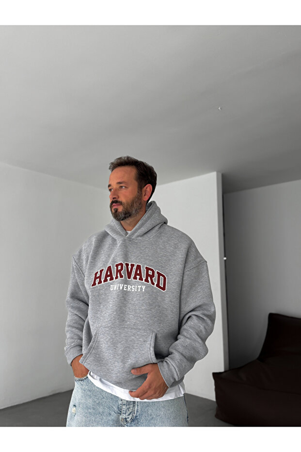 Gri Harvard Baskılı Kapüşonlu Sweatshirt PM-01 - 5