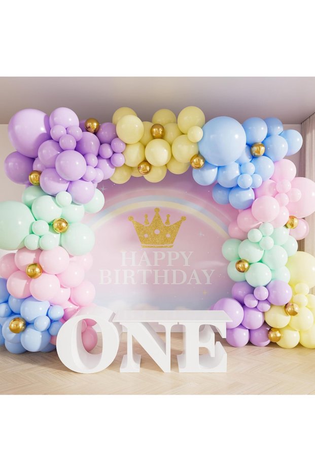 Gold Chrome Detailed Mixed Macaron Colored Balloon Chain Set with 103 Jumbo Balloons