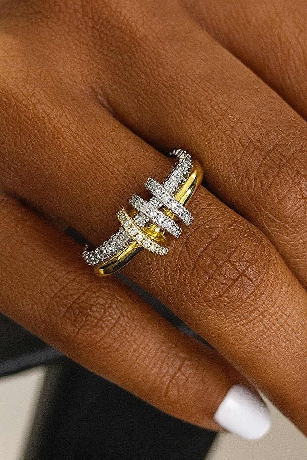 Gold and Silver Color Stone Detailed Ring