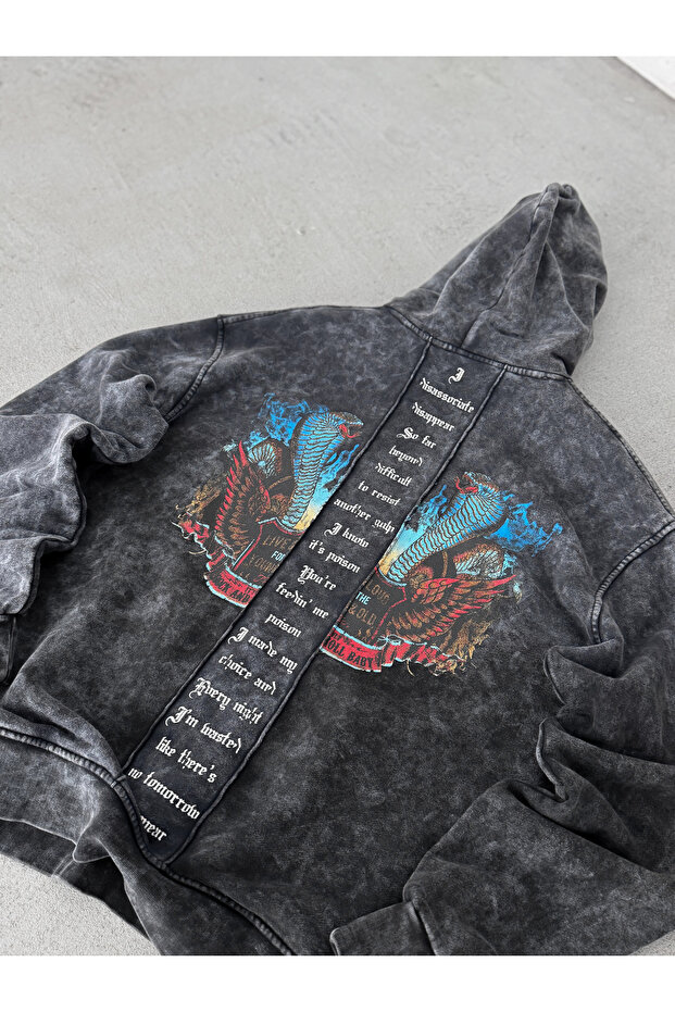Siyah Poison Yıkamalı Kapüşonlu Sweatshirt RES-1014 - 7