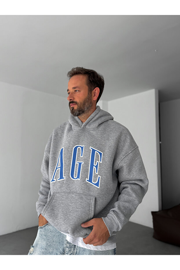 Gri Age Baskılı Kapüşonlu Sweatshirt PM-06 - 3