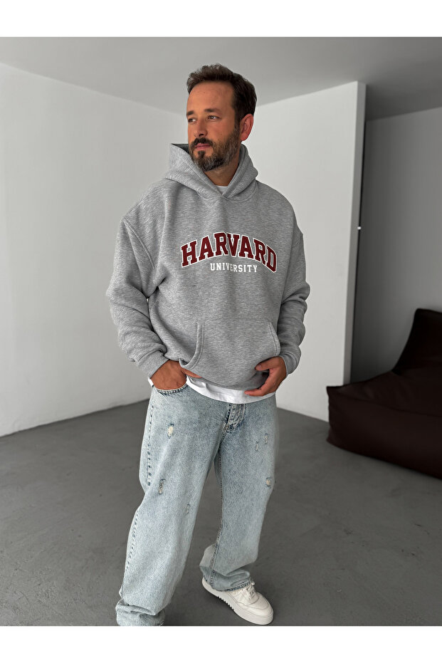 Gri Harvard Baskılı Kapüşonlu Sweatshirt PM-01 - 2