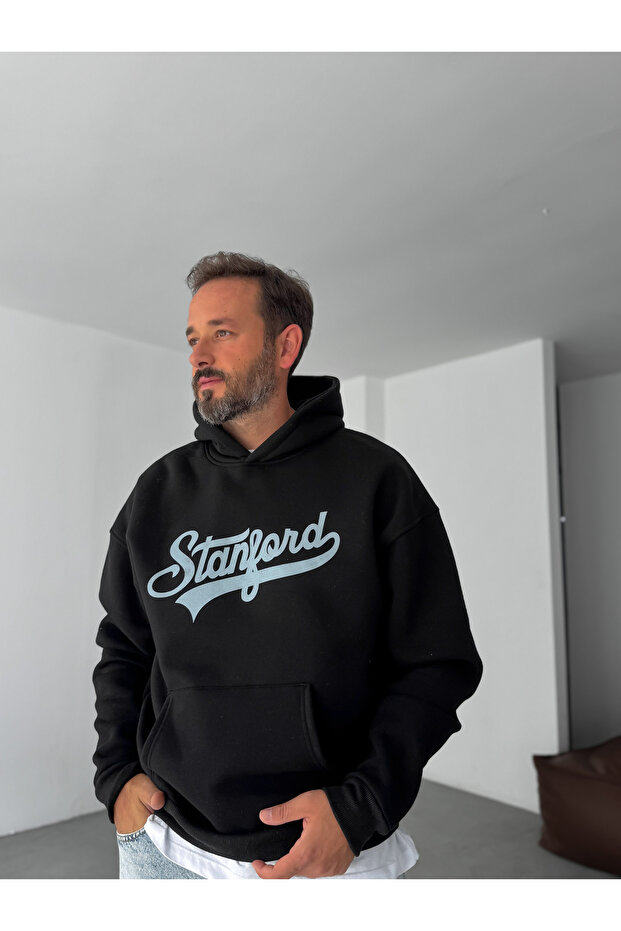 Siyah Stanford Baskılı Kapüşonlu Sweatshirt PM-08 - 1