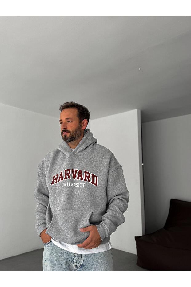 Gri Harvard Baskılı Kapüşonlu Sweatshirt PM-01 - 4