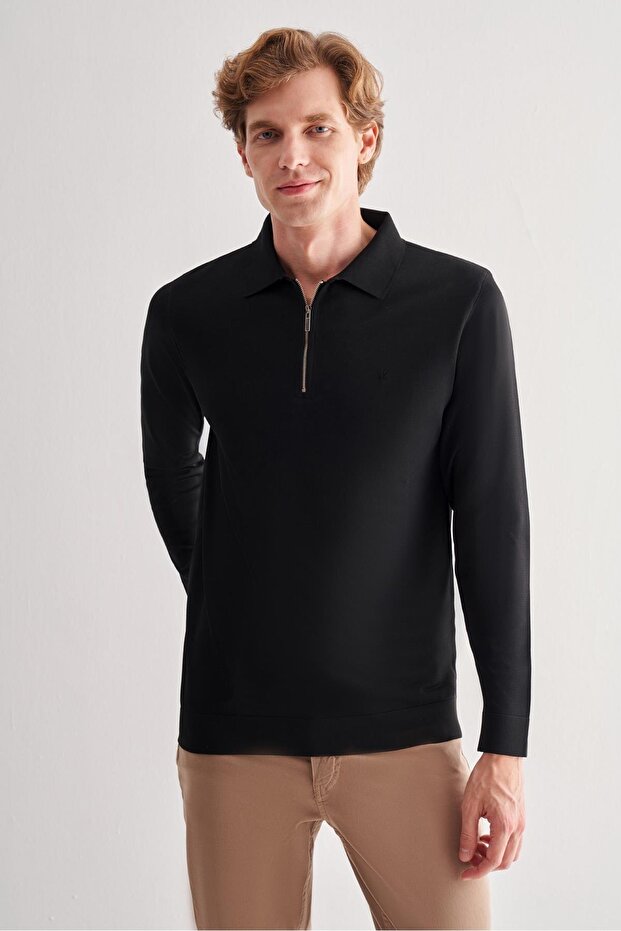 Black Long Sleeve Zippered Collar Pocketless Slim Fit Knitwear 1012255150