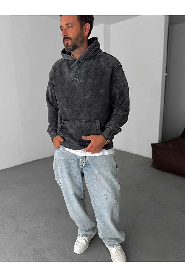 Siyah Poison Yıkamalı Kapüşonlu Sweatshirt RES-1014 - 3