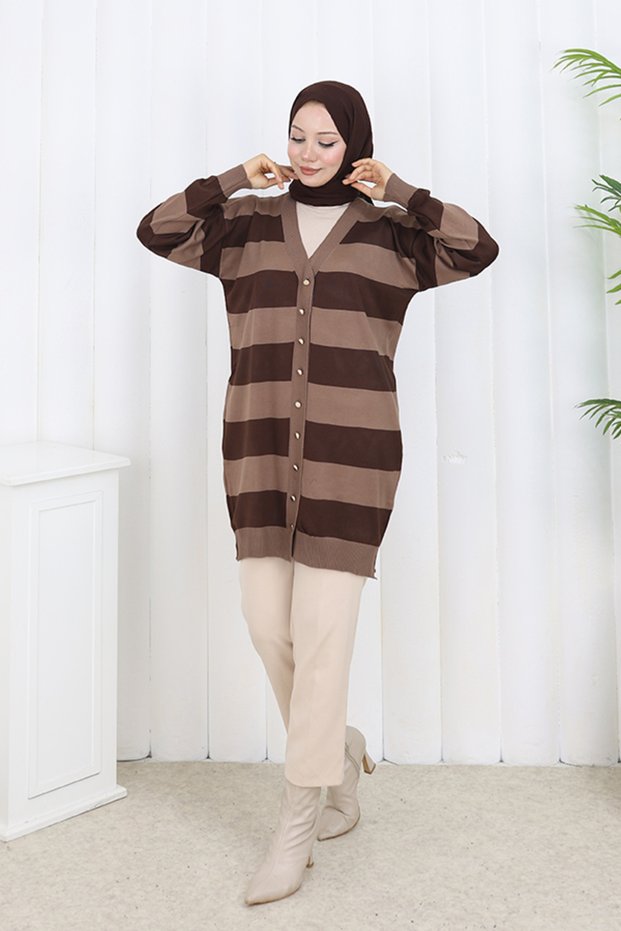 Striped Long Mercerized Cardigan N3217 Mink