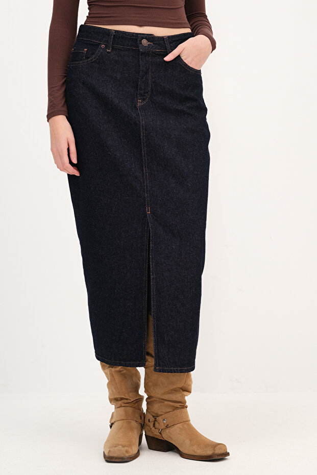 Yırtmaçlı Denim Midi Etek E249 - 6