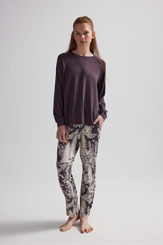 Kadın Modal İki İplik Uzun Reglan Kollu Pijama Üstü - 3