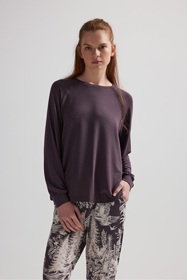 Kadın Modal İki İplik Uzun Reglan Kollu Pijama Üstü - 1