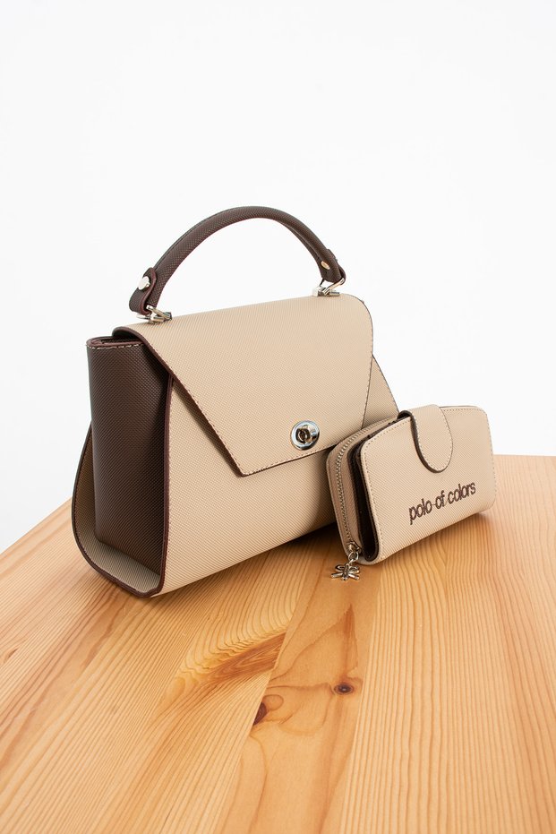 Polo of Colors Cream Brown Women's Bag Wallet Set with Lid and Long Shoulder Strap