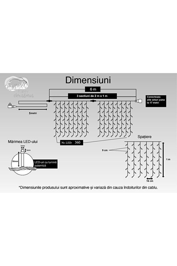 Șir de lumini de Crăciun, tip perdea, IP44, 6 m x 1 m, 360 LED-uri, alb cald, intermitent, transformator, extensie - 7