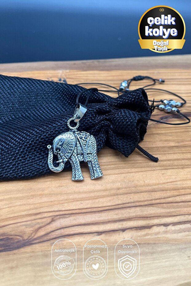 Adjustable Unisex Design Steel Elephant Necklace with Hematite Natural Stone