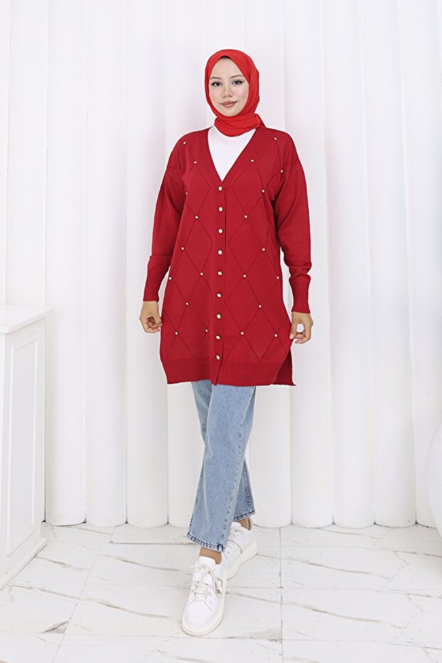 Stone Baklava Patterned Long Cardigan N3246 Red