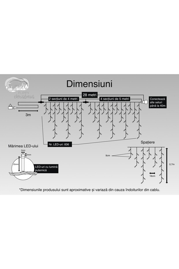 Instalație de Crăciun, 28 m, 836 LED-uri, Franjuri, Alb Rece, Bliț, Transformator, Interconectabil, 3 - 3